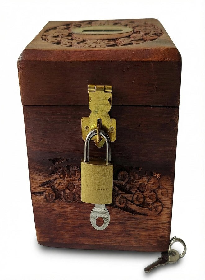 GURU JEE Handcrafted Wooden Money Bank Box Floral Carved Design Piggy Bank Brass Latch with Lock and Key Gifts Showpiece - Image 2